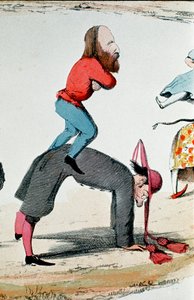 Risorgimento: satirisk tegning, der skildrer heltene fra Risorgimento Giuseppe Garibalidi (1807-1882), der regulerer det romerske spørgsmål, politisk strid om Roms rolle, sæde for pavens timelige magt og hovedstad i det nye kongerige af Italian School