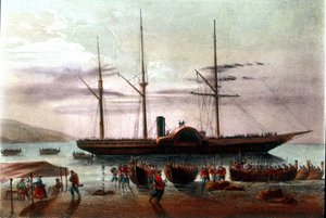 Risorgimento: afgang den 8/08/1860 af Giuseppe Missori, officer for hæren af Giuseppe Garibaldi (1807-1882), i detroit af Messina mod Fort af Villa San Giovanni. Illustration af det 19. århundrede af Italian School