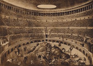Roma / Rom: Interiør af Colosseum, Jagten på messerne, historisk rekonstruktion (litho) af Italian School