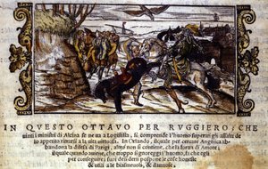 Det lykkes Ruggiero at flygte fra øen Alcina og redder senere Angelica fra orken - Scene af det ridderlige digt "Orlando Furioso" af Ludovico Ariosto af Italian School