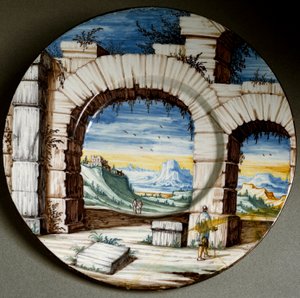 Ruin og landskab. Keramisk plade produceret i Angarano, Italien. Omkring 1650 Firenze, Museo Nazionale del Bargello af Italian School