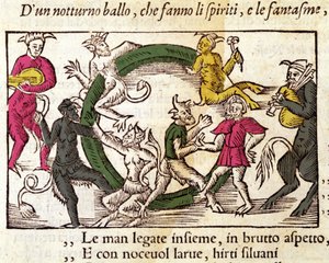 Sabbatsceremoni med hekse. Gravering af Olaus Magnus (1490 - 1557), svensk religiøs og geograf, "Historia de Gentis Septentrionalibus", Venedig af Italian School