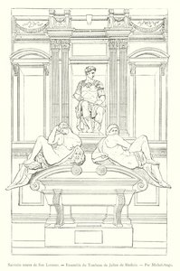 Ny sakristi i San Lorenzo, Ensemble af Giuliano de Medicis grav, af Michelangelo (gravering) af Italian School
