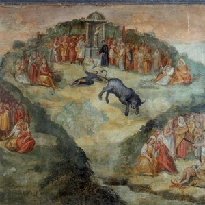 Den hellige Hippolytos kaster den tørklæde, som Pontifex Battistellus gav ham for at ofre til Jupiter, detalje af maleriet af den hellige Hippolytos