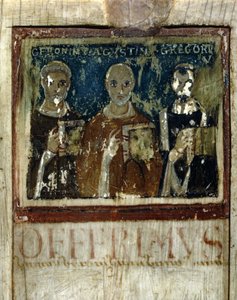 Sankt Hieronymus, Sankt Augustin (354-430) og Sankt Gregoire I den Store (540-604), Detalje fra Diptykonen i Boece, ca. 487 (miniature på elfenben) af Italian School