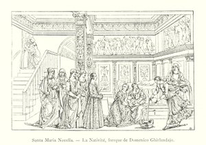 Santa Maria Novella, La Nativite, fresque de Domenico Ghirlandaio (gravering) af Italian School
