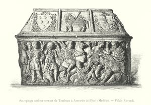Gammel sarkofag, der tjener som grav for Averardo dei Bicci, Medicis, Palazzo Riccardi (gravering) af Italian School