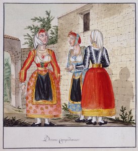 Sardinske kvinder i kostumer fra Campidano, trykt ms.258, Luzzetti Collection af Italian School