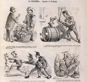 Satirisk tegneserie dedikeret til vindyrkningskrise forårsaget af phylloxera, illustration fra den satiriske avis Spirito Folletto, 18. september af Italian School