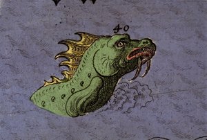 Sømonster: repræsentation af en søslange. Detalje af et kort over Atlas of Urbano Monte af Italian School