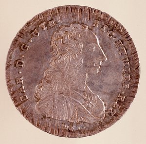 Sølv Piastra fra Napoli: Karl III af Spaniens regeringstid (1716-1788) og portræt. 1750. Diameter. 4 cm Napoli, arkæologisk museum af Italian School