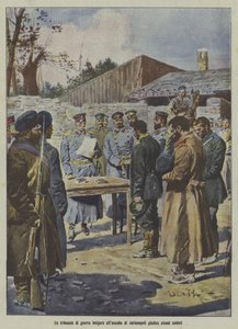 Soldater dømmes af en bulgarsk militærdomstol ved belejringen af Adrianopel, Første Balkankrig (farvelitografi) af Italian School