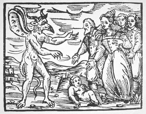 Troldmænd, der præsenterer et barn for Djævelen, fra Compendium Maleticarum af p. M. Guaccius (1608) illustreret i en magisk historie udgivet i slutningen af det 19. århundrede af Italian School