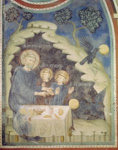 St. Benedikt beordrer en ravn til at tage det forgiftede brød (fresko) af Italian School
