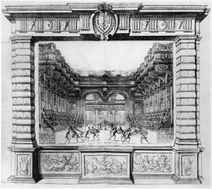 Scenedesign af Giacomo Torelli (1608-78) for la Finta Pazza opført i 1645 på Theatre Petit Bourbon i Paris, 1654 af Italian School