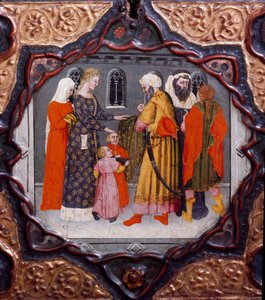 Tiende dag, niende nyhed: Messer Torellos og Saladins dag (1138-1193) (Salah al Din Yusuf al-Ayyubi (al Ayyubi). Malet æske, der illustrerer "Decameron" "af Giovanni Boccaccio (Jean Boccaccio) (1313-1375) ) ). 15. århundrede. Firenze, Museo Nazionale del B af Italian School