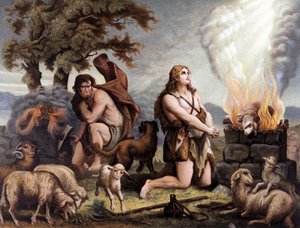 Lammets tilbedelse (Kain og Abel) - Cain et Abel (som ofrer et får) i "Golden Classic Bible: History of Divine Revelation in the Ancient and New Tension" "af Giovanni Ladislao Sykora (bd. 1), oversat af Don Clemente Benetti. (Italien af Italian School