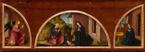 Bebudelsen (demi-lunetter venstre og højre) og Fødselskirken (central lunette) i én ramme, ca. 1480 (olie på panel) af Italian School