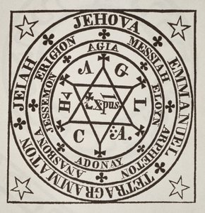 Agrippas store magiske cirkel til fremkaldelse af dæmoner, kopi af en illustration fra Les Oeuvres Magiques de Henri Corneille Agrippa, Rom 1744, brugt i en magihistorie, udgivet sent i det 19. af Italian School