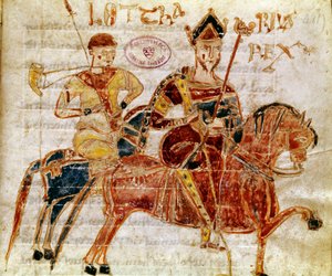 Kongen af francerne og derefter Lotharia I (9. århundrede) Miniature fra "Codex Legum Longobardorum" (eller Langobardorum), der beskriver lovene i det langobardiske rige etableret af kong Rothari af Italian School