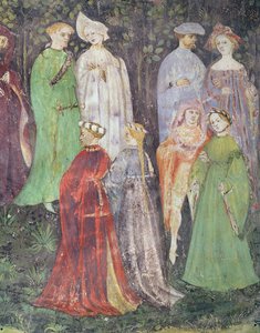 Juni måned, detalje af adelsmænd og kvinder gående, ca. 1400 (fresco) af Italian School