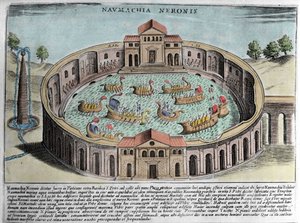 Naumachia af Neron, repræsentation af et søslag i Rom. Stik (1600-tallet). af Italian School