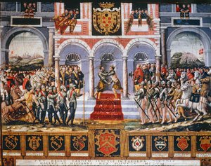 Festlighederne efter freden i Cateau-Cambresis, en aftale, der markerede afslutningen på den 65 år lange kamp mellem Frankrig og Spanien om kontrollen med Italien. af Italian School