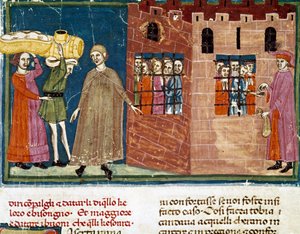Uddeling af måltider til fangerne Miniature af den florentinske skole taget fra en forlængelsesudgave af "Pater noster" af Ser Zucchero Bencivenni (MS.II.VI 16) begyndelsen af det 14. århundrede Firenze, nationalbiblioteket af Italian School