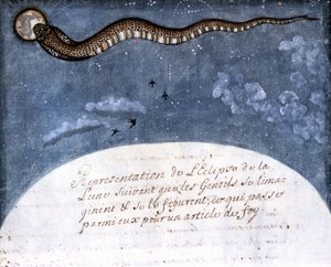 Måneformørkelsen forestillet af Mogol-indianerne (en slange, der fortærer månen) Side taget fra manuskriptet (ms.8300) "History of Mogol" (Moghul eller Moghol) af Stefano Nivibus Cardeira. 1700-tallet. Bibloteca marciana, Venedig af Italian School