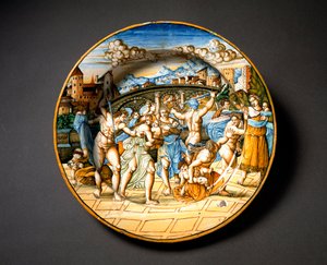 Massakren på de uskyldige. Keramisk plade produceret i Urbino i værkstedet Fontana, Italien. 1566 omkring Firenze, Museo Nazionale del Bargello af Italian School