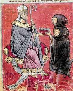 Munken Benedetto da Bari (der repræsenterer unge og gamle for at indikere, at det at skrive hans arbejde har beskæftiget hele hans liv) overdrog til abbeden Balsamo (1200-tallet), leder af benediktinerklostret Cava de Tirreni, hans kodeks De Septem Sigilli af Italian School