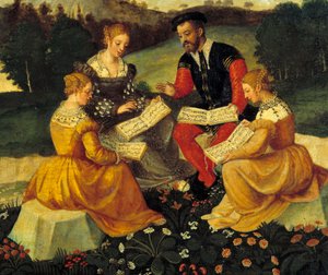 Vokalkoncerten Painting of the Italian School. 16. århundrede. Bourges, Hotel Lallemant - Den Bukoliske Koncert. Maleri af den italienske skole. 16. århundrede. Hotel Lallemant, Bourges, Frankrig af Italian School