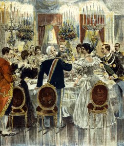 Bryllupsbanketten for brudene Victor Emmanuel III (Victor-Emmanuel) (Vittorio Emanuele) og Helene af Montenegro afholdes på Quirinale Palace, Rom. 1896. af Italian School