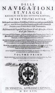 Titelblad til bind I af Delle Navigationi et Viaggi af Giovanni Ramusio (1485-1557) udgivet 1613 af Italian School