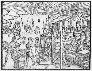 Handel i Skandinavien, illustration fra History of the Northern Nations af Olaus Magnus (1490-1558), udgivet i Rom, 1555 af Italian School