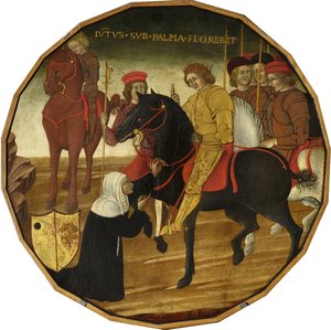 Trajan og enken (tempera med guld og sølv på panelet) af Italian School