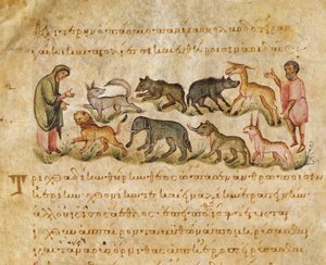 Afhandling om de mange dyrearter, der bebor jorden, illustration fra Cynegetica af Oppian (tempera på vellum) af Italian School