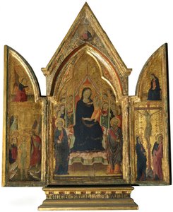 Triptykon: Jomfru Maria og barn med hellige, engle og korsfæstelsen af Italian School