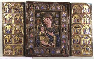 Madonnaen og barnets triptykon med evangelister, profeter og scener fra Kristi liv (træ, sølvfiligran og emalje) af Italian School