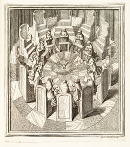 Tolv dommere fra Rota beder i en cirkulær sal omkring Helligånden, pub. 1717 (gravering) af Italian School