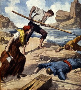 To skibbrudere (pirater) efter at have trukket båden til klippen plyndrede besætningen. Italiensk illustration. af Italian School