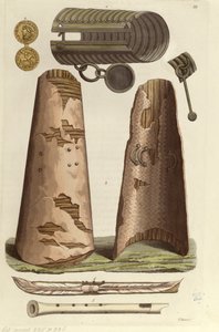 Forskellige vikingegenstande: bronzearmbånd, gylden medalje med runealfabet, skjolde, fløjter. Illustration af V. Raineri fra 