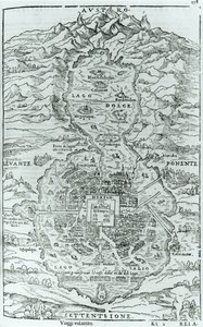 Udsigt fra den nordlige del af den aztekiske by Tenochtitlan, fra Relatione della Citta del Temistitan af Giovanni Battista Ramusio (1485-1557) udgivet i Venedig 1606 af Italian School