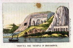 Udsigt over Abu Simbel-templet. Forfatteren Giovanni Battista (Gianbattista) Belzoni (1778-1823), er en italiensk opdagelsesrejsende og arkæolog, har gjort vigtige arkæologiske opdagelser i Egypten. Gravering - i "" Viaggio in Egitto e in Nubia"" af Belzon af Italian School