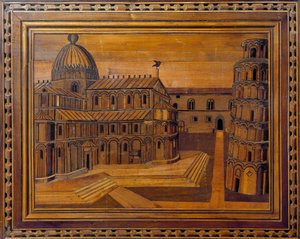 Udsigt over katedralen i Pisa (Duomo di Santa Maria Assunta di Pisa) og det skæve tårn (Torre-vedhæng) på Mirakelpladsen (Piazza dei Miracoli) Marquetry fra det 15. århundrede. Bevaret i katedralpræsbyteriet, Pisa af Italian School