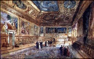 Udsigt over det indre af Dogepaladset i Venedig, ca. 1840 (akvarel på vellum) af Italian School