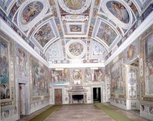 Udsigt til "Sala dei Fasti Farnese" (Farnese-salen), som Onofrio Panvinio har udtænkt og Taddeo (1529-66) og Federico Zuccaro (1540-1609) har udført fresker af 1557-83 (fresko). af Italian School