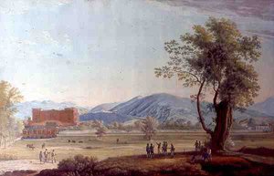 Udsigt over villaen og parken (akvarel på papir) af Italian School