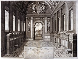 Udsigt over museet for Michele Mercati (1541-1595), forvalter af Vatikanets botaniske have. Indgravering fra "" Metallotheca..." Rom 1717 - 1719 af Italian School