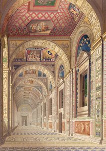 Udsigt over anden sals Loggia ved Vatikanet, med dekoration af Raphael, fra Delle Loggie di Rafaele nel Vaticano, udgivet som et løst blad i udgaven af 1814 (håndfarvet gravering) af Italian School